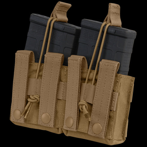 The Condor Double M14 Open-Top Mag Pouch, in tan, securely holds two black rifle magazines with bungee retention cords and snap button straps—perfect for law enforcement or first responders.